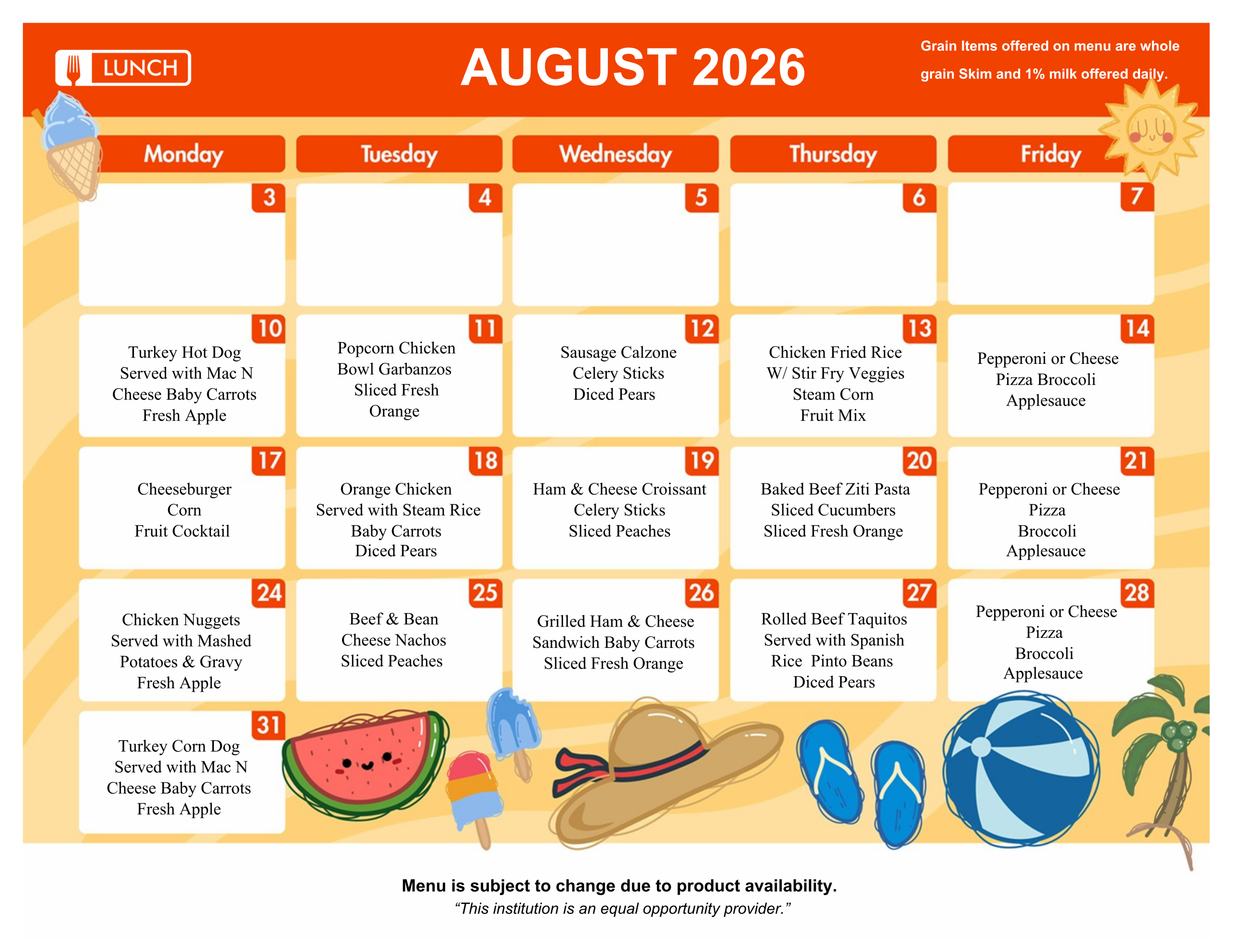 lunch menu for august 